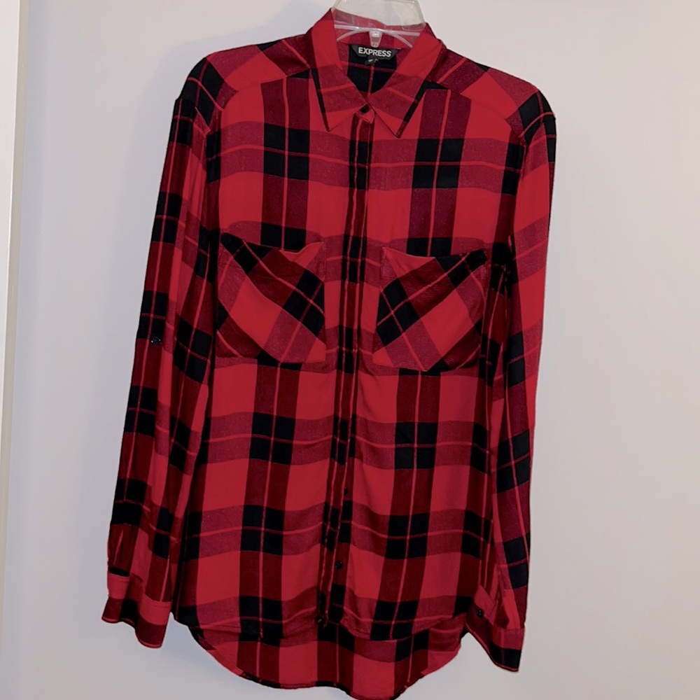 Express red black plaid button down shirt XS